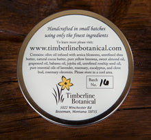 Load image into Gallery viewer, Healing arnica salve back label showing all natural ingredients and olive oil infused with fresh arnica blossoms, 6oz