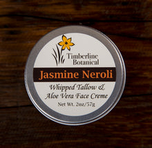 Load image into Gallery viewer, Jasmine Neroli whipped tallow and aloe vera face creme with all natural ingredients top view, 2oz