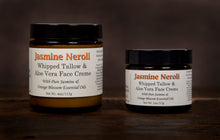 Load image into Gallery viewer, Jasmine Neroli whipped tallow and aloe vera face creme duo using all natural ingredients black lids, 2oz & 4oz