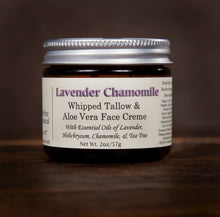 Load image into Gallery viewer, Lavender Chamomile whipped tallow and aloe vera face creme with all natural ingredients, 2oz