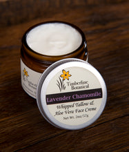 Load image into Gallery viewer, Lavender Chamomile whipped tallow and aloe vera face creme with all natural ingredients open view, 2oz
