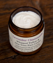 Load image into Gallery viewer, Lavender Chamomile whipped tallow and aloe vera face creme with all natural ingredients open view, 4oz