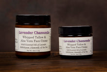 Load image into Gallery viewer, Lavender Chamomile whipped tallow and aloe vera face creme duo using all natural ingredients black lids, 2oz & 4oz
