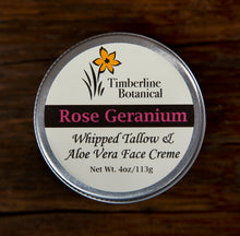Load image into Gallery viewer, Rose Geranium whipped tallow and aloe vera face creme with all natural ingredients top view, 4oz