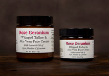 Load image into Gallery viewer, Rose Geranium whipped tallow and aloe vera face creme duo using all natural ingredients black lids, 2oz & 4oz