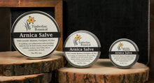 Load image into Gallery viewer, Healing arnica salve trio using all natural ingredients and oil infused with fresh arnica blossoms, 6oz 3.5oz 1.5oz