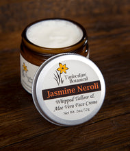 Load image into Gallery viewer, Jasmine Neroli whipped tallow and aloe vera face creme with all natural ingredients open view, 2oz
