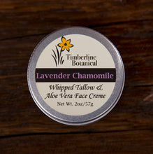 Load image into Gallery viewer, Lavender Chamomile whipped tallow and aloe vera face creme with all natural ingredients top view, 2oz
