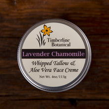 Load image into Gallery viewer, Lavender Chamomile whipped tallow and aloe vera face creme with all natural ingredients top view, 4oz
