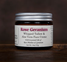 Load image into Gallery viewer, Rose Geranium whipped tallow and aloe vera face creme with all natural ingredients, 2oz 
