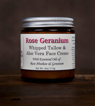 Load image into Gallery viewer, Rose Geranium whipped tallow and aloe vera face creme with all natural ingredients, 4oz 
