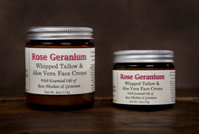 Load image into Gallery viewer, Rose Geranium whipped tallow and aloe vera face creme duo using all natural ingredients, 2oz &amp; 4oz
