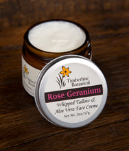 Load image into Gallery viewer, Rose Geranium whipped tallow and aloe vera face creme with all natural ingredients open view, 2oz
